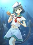  1girl air_bubble anchor anchor_symbol bangs black_hair breasts bubble commentary_request green_eyes green_sailor_collar hat highres hishaku kachuten midriff murasa_minamitsu navel neckerchief puffy_short_sleeves puffy_sleeves red_neckerchief sailor sailor_collar sailor_hat sailor_shirt shirt short_hair short_sleeves shorts small_breasts solo stomach touhou underwater white_shirt white_shorts 