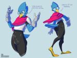  3_toes 5_fingers absurd_res alternate_costume anthro armor avian balls_outline beak berdly bird bird_feet blue_background blue_body blue_feathers bodysuit bulge butt cloak clothed clothing clothing_swap deltarune dialogue dot_eyes english_text eyebrows eyewear feathers feet fingers front_view fully_clothed genital_outline glasses gloves handwear hi_res kris_(deltarune) latex looking_back looking_down multiple_poses navel penis_outline pose renabu side_view simple_background skinsuit slim solo standing tail_feathers talons text tight_clothing toes unamused undertale_(series) video_games yellow_beak 
