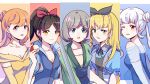  5girls alice_(alice_in_wonderland) alice_(alice_in_wonderland)_(cosplay) alice_in_wonderland apple arashi_chisato bangs beauty_and_the_beast belle_(disney) belle_(disney)_(cosplay) black_hair black_ribbon blonde_hair blue_dress blue_eyes bow breasts brown_eyes chinese_clothes cleavage collarbone column_lineup cosplay country_connection diao_mao_de_yu_shushu disney dress elsa_(frozen) elsa_(frozen)_(cosplay) eyebrows_visible_through_hair fa_mulan_(disney) fa_mulan_(disney)_(cosplay) food from_side frozen_(disney) fruit green_eyes grey_hair hair_behind_ear hair_bow hair_bun hair_ribbon hazuki_ren heanna_sumire highres holding holding_food holding_fruit holding_sword holding_weapon long_hair looking_at_viewer love_live! love_live!_superstar!! medium_breasts medium_hair mulan multicolored_hair multiple_girls off-shoulder_dress off_shoulder one_eye_closed open_mouth ponytail puffy_short_sleeves puffy_sleeves purple_eyes purple_hair red_bow ribbon shibuya_kanon short_hair short_sleeves smile snow_white_(disney) snow_white_(disney)_(cosplay) snow_white_and_the_seven_dwarfs streaked_hair sword tang_keke v-shaped_eyebrows weapon white_hair yellow_dress yellow_eyes 