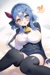  !? 1girl :o ako_(blue_archive) apple_caramel arm_support bangs bell black_gloves black_legwear blue_archive blue_eyes blue_hair blue_hairband blue_jacket blush breasts buttons clipboard collar covered_navel cowbell crossed_bandaids double-breasted ear_piercing eyebrows_visible_through_hair frown gloves hair_between_eyes hair_ribbon hairband half_gloves highres holding holding_clipboard jacket large_breasts long_hair long_sleeves looking_at_viewer neck_bell on_floor piercing red_ribbon ribbon sideboob sidelocks signature sitting solo sweat thighhighs 