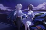  2girls absurdres bangs bare_shoulders black_pants blue_eyes blue_gloves blue_hair breasts bronya_zaychik bronya_zaychik_(silverwing:_n-ex) broseele closed_mouth commentary_request dress eyebrows_visible_through_hair feet_out_of_frame gloves grey_eyes grey_hair ground_vehicle hair_between_eyes highres holding holding_another&#039;s_arm holding_clothes holding_jacket honkai_(series) honkai_impact_3rd jacket leaning_against_motorcycle long_hair looking_at_another motor_vehicle motorcycle multicolored_hair multiple_girls night open_mouth outdoors pants seele_vollerei short_hair sleeveless smile white_dress 