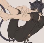  1boy animal_ears ass barefoot black_pants black_shirt blue_eyes blue_hair cat_boy cat_ears cat_tail final_fantasy final_fantasy_xv grey_background hair_between_eyes highres inuue15 muscular muscular_male noctis_lucis_caelum pants shirt solo spiked_hair tail 