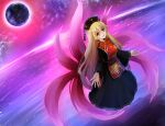  1girl aura black_dress blonde_hair breasts chinese_clothes commentary_request crescent dress earth_(planet) energy flying junko_(touhou) kachuten long_dress long_hair long_sleeves medium_breasts moon multiple_tails parted_lips phoenix_crown planet pom_pom_(clothes) red_eyes red_sash red_tabard ribbon sash solo space tabard tail touhou very_long_hair wide_sleeves yellow_ribbon 