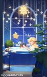  1girl bathing bathtub blonde_hair crown crown_removed doodledstars floating flower handheld_game_console highres luma_(mario) mario_(series) night nintendo_switch nude plant rosalina shooting_star smile soap_bubbles super_mario_galaxy towel window 