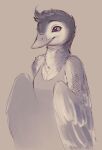  2022 anatid anseriform anthro avian beak bird clothing digital_drawing_(artwork) digital_media_(artwork) duck eyebrows feathered_wings feathers female grey_background half-length_portrait hi_res monochrome napalm_express portrait shirt simple_background smile solo tank_top topwear winged_arms wings 
