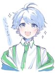  1boy blue_eyes blue_hair blush facing_viewer highres hotoke_(ireisu) ireisu looking_at_viewer male_focus mole mole_under_eye multiple_moles open_mouth rd_irerisu short_hair smile solo sparkle translation_request white_background 