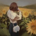  1girl bag black_skirt brown_hair commentary_request facing_away field flower from_behind hands_up long_sleeves original outdoors shirt short_hair shoulder_bag skirt solo sunflower white_shirt xiaobanbei_milk 