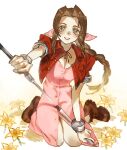  1girl aerith_gainsborough bangs boots bracelet braid braided_ponytail breasts choker cleavage commentary cropped_jacket dress final_fantasy final_fantasy_vii flower full_body green_eyes hair_ribbon highres holding holding_weapon jacket jewelry kneeling long_dress medium_breasts parted_bangs pink_dress red_jacket ribbon sidelocks smile solo staff talesofmea unbuttoned_dress weapon white_background yellow_flower 