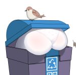 1girl animal arrow_(symbol) ass ass_focus bird blue_archive from_behind heart heart_print highres in_container leaf lower_body miyu_(blue_archive) panties panties_under_pantyhose pantyhose recycle_bin recycling_symbol simple_background solo sparrow thighs trash_can underwear white_background white_legwear 