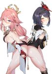  2girls absurdres asakawa_(outeq) ass ass-to-ass bare_shoulders black_hair blush breasts genshin_impact hair_ornament highres japanese_clothes kujou_sara large_breasts legs looking_at_viewer mask miko multiple_girls pink_hair simple_background standing thighs white_background yae_miko 