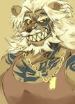  absurd_res age_difference anthro chain_necklace clothing corruption felid grin hi_res jewelry kas20241013 lion male mammal muscular muscular_male necklace older_male pantherine pecs red_eyes shirt smile solo tank_top tattoo topwear 