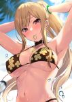  1girl adjusting_hair akazawa_kureha armpits arms_up bead_bracelet beads bikini black_bikini black_choker blonde_hair blush bracelet breasts brown_eyes choker cleavage commentary_request day dutch_angle ear_piercing earrings eyebrows_visible_through_hair floral_print hairband highres jewelry kitagawa_marin large_breasts long_hair looking_at_viewer midriff multiple_piercings navel necklace outdoors piercing ponytail red_eyes sideboob sidelocks skindentation solo sono_bisque_doll_wa_koi_wo_suru swimsuit tying_hair underboob upper_body very_long_hair water_drop 