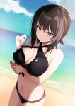  1girl absurdres alternate_costume bare_shoulders beach bikini black_bikini blush breasts brown_eyes brown_hair chinese_commentary cleavage commentary_request girls_und_panzer hair_between_eyes highres large_breasts lazurite_(user_8870367) looking_at_viewer midriff mixed-language_commentary navel nishizumi_maho short_hair smile solo swimsuit 