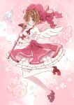  1girl :&gt; ahoge bangs blush bow brown_hair cardcaptor_sakura cherry_blossoms closed_mouth diamond_(shape) floating footwear_bow frilled_legwear frilled_shirt_collar frills fuuin_no_tsue glove_bow gloves green_eyes hat hat_bow holding holding_wand kinomoto_sakura magical_girl myaco9 neck_ribbon one_eye_covered petals petticoat puffy_short_sleeves puffy_sleeves ribbon shirt short_hair short_sleeves signature smile solo standing standing_on_one_leg thighhighs wand wings 