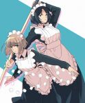 2girls alternate_costume apron arm_up bangs black_dress black_hair blunt_bangs bob_cut breasts brown_hair collared_dress cube dress dutch_angle enmaided fighting_stance floating floating_hair floating_object frilled_apron frills grey_eyes highres holding holding_pole kumagai_yuuko long_sleeves looking_at_viewer maid maid_apron maid_headdress multiple_girls nasu_rei outstretched_arm pole seto_taichi short_hair standing weapon white_apron world_trigger 
