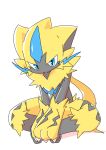  3_toes 4_fingers ambiguous_gender black_body black_inner_ear blue_eyes chaba feet feral fingers hi_res legendary_pok&eacute;mon looking_at_viewer multicolored_body nintendo pok&eacute;mon pok&eacute;mon_(species) simple_background sitting solo toes two_tone_body video_games white_background yellow_body zeraora 