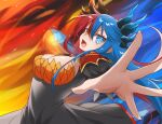 1girl angry bangs between_breasts blue_eyes blue_fire blue_hair blue_horns breasts bright_pupils casting_spell commission commissioner_upload dragon_girl dragon_horns dress eyebrows_visible_through_hair fire heterochromia highres horns incoming_attack incoming_punch inferna_dragnis large_breasts long_hair looking_at_viewer magic monster_girl multicolored_hair multicolored_horns necktie necktie_between_breasts open_hand open_mouth orange_eyes original punching red_hair red_horns solo split-color_hair standing symbol-shaped_pupils two-tone_hair usagi1923 white_pupils 