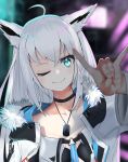  1girl ;) absurdres ahoge animal_ears aqua_eyes black_choker choker dog_tags fox_ears fox_girl fur-trimmed_jacket fur_trim hair_between_eyes head_tilt highres hololive jacket jewelry lazurite_(user_8870367) long_hair looking_at_viewer necklace one_eye_closed shirakami_fubuki silver_hair smile solo upper_body virtual_youtuber white_jacket 