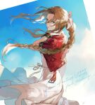  1girl aerith_gainsborough bangs belt blue_background bracelet braid braided_ponytail character_name cloud cloudy_sky copyright_request cropped_jacket dress final_fantasy final_fantasy_vii final_fantasy_vii_remake floating_hair green_eyes hair_ribbon hand_in_own_hair hug_ff14 jacket jewelry long_dress parted_bangs pink_dress red_jacket ribbon sidelocks sky solo upper_body wavy_hair wind 