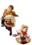  2boys animal_print baggy_pants baozi belt blue_eyes boots brown_hair cape capelet child crossed_legs food gauntlets hand_on_hip highres itto_(mentaiko) japanese_clothes kimono looking_at_viewer looking_to_the_side male_focus mature_male multiple_boys muscular muscular_male pants pectoral_cleavage pectorals sandals sangokushi_puzzle_taisen sideburns sitting skirt smile smirk spiked_hair sun_quan sun_quan_(sangokushi_taisen) teeth tiger_print white_background yukata 