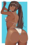  1girl against_glass armpits arms_up ass ass_focus ass_on_glass back bangs bikini blue_background border breasts brown_hair cowboy_shot dark-skinned_female dark_skin from_behind hai_ookami hair_between_eyes leaning_forward light_blush long_hair looking_at_viewer looking_back medium_breasts open_mouth original ponytail shiny_swimsuit sideboob silver_bikini silver_swimsuit simple_background solo standing swimsuit thighs thong white_bikini white_border yellow_eyes 
