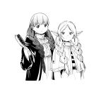  2girls abe_tsukasa alternate_hairstyle bangs belt blunt_bangs braid capelet coat dress earrings elf fern_(sousou_no_frieren) frieren greyscale hair_brush hair_over_shoulder highres holding_hair_brush jewelry long_hair long_sleeves looking_at_another looking_at_viewer monochrome multiple_girls pointy_ears simple_background smile sousou_no_frieren striped twin_braids twintails upper_body 