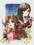  2girls aerith_gainsborough asymmetrical_bangs bangs bracelet braid braided_ponytail breasts brown_hair choker cocktail_glass cropped_jacket cup dress drinking_glass earrings final_fantasy final_fantasy_vii fingerless_gloves flower gloves green_eyes hair_ribbon hand_up highres holding holding_cup jacket jewelry large_breasts long_hair materia medium_breasts multiple_girls open_mouth parted_bangs pink_dress puffy_short_sleeves puffy_sleeves red_eyes red_jacket ribbon shirt short_sleeves sidelocks sky smile star_(sky) starry_sky suspenders teeth tifa_lockhart upper_body upper_teeth uzutanco white_shirt yellow_flower 