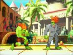  2boys alan_not_allen alternate_hairstyle barefoot blanka chest_hair colored_skin dual_persona english_commentary fake_screenshot formal fortnite green_skin grey_suit hand_in_pocket long_hair male_focus multiple_boys necktie official_alternate_costume orange_hair orange_necktie pixel_art scanlines scared street_fighter street_fighter_zero_(series) suit sunglasses tusks 