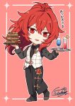  1boy bangs black_shirt burger chibi diluc_(genshin_impact) food formal genshin_impact hair_between_eyes holding juice long_hair long_sleeves meat necktie open_mouth pants plate ponytail red_background red_eyes red_hair shirt shoes signature smile suit translation_request vest vision_(genshin_impact) yuu_(mboj_fdk) 