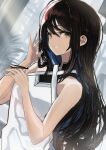  1girl bangs bare_arms bare_shoulders black_hair brown_eyes commentary_request hair_between_eyes hair_tie hands_up highres hinomaru_(futagun) holding long_hair looking_at_viewer original shirt solo very_long_hair white_shirt 