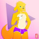  1:1 3_fingers anthro beverage briefs bulge canid canine canis chest_tuft clothed clothing coffee coffee_mug dogget_(doggettdouglasmcdog) domestic_dog fingers floppy_ears green_eyes hi_res jooper male mammal partially_clothed portrait pose solo three-quarter_portrait topless tuft underwear underwear_only 