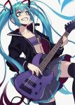  1girl absurdres ahoge black_jacket black_legwear blue_eyes blue_hair breasts clenched_teeth collarbone crazy_eyes crop_top electric_guitar eximmetry fangs grey_skirt guitar hatsune_miku highres instrument jacket long_hair midriff music open_clothes open_jacket open_mouth playing_instrument pleated_skirt simple_background skirt small_breasts solo teeth thighhighs thighs twintails very_long_hair vocaloid white_background 