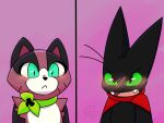 4:3 anthro appie4 big_eyes black_body black_eyes black_fur black_nose black_pupils blue_sclera blush blush_lines blushing_profusely brown_body brown_fur canid canine cape cartoon_network clothed clothing domestic_cat duo embarrassed eye_contact fangs felid feline felis female fur glistening glistening_eyes green_sclera hi_res interspecies looking_at_another looking_at_partner male male/female mammal mao_mao:_heroes_of_pure_heart mostly_nude nude pink_background pink_ears pupils raccoon_dog romantic romantic_couple scarf scarf_only sheriff_mao_mao_mao shy signature simple_background slit_pupils sparkles sparkling_eyes standing suit tanuki tanya_keys tsundere 