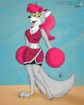  2019 absurd_res accessory anthro black_nose blue_background bottomwear bow bra breasts brown_body brown_fur canid canine canis cheerleader claws clothing english_text eyelashes faye_fletcher female fluffy fluffy_tail fur glistening glistening_nose grey_body grey_fur hair hair_accessory hair_bow hair_ribbon hi_res lightluxcollie long_tail looking_at_viewer mammal navel open_mouth orange_floor paws pink_bottomwear pink_bow pink_bra pink_clothing pink_hair pink_skirt pink_underwear pom_poms ponytail ribbons side_view simple_background skirt smile solo teeth text tongue underwear watermark white_body white_fur wolf yellow_sclera 