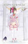  1girl 2022 adapted_costume animal animal_ears bird brown_hair bunny clothed_animal commentary_request flat_chest floppy_ears frilled_shirt_collar frills full_body happy_new_year hashimoto_w.s. highres inaba_tewi lingerie looking_to_the_side navel open_mouth panties puffy_short_sleeves puffy_sleeves rabbit_ears rabbit_girl red_eyes revealing_clothes rope shimenawa short_hair short_sleeves solo thighhighs torii touhou underwear white_legwear white_panties wrist_cuffs 