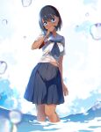  1girl arusuko black_hair blue_eyes highres knife kofune_mio school_uniform solo summertime_render water wet wet_clothes 