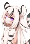  2022 anthro black_body black_fur black_hair blush breasts cute_fangs featureless_breasts felid female flat_chested fur hair hi_res horokusa0519 kemono looking_at_viewer mammal multicolored_body multicolored_fur multicolored_hair nude pantherine pink_nose purple_eyes solo tiger white_body white_fur white_hair 