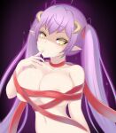  breasts cum cum_in_mouth cum_on_body cum_on_breasts demon_girl facial gift_wrapping hair_ornament hair_ribbon highres horns large_breasts nipple_slip nipples original renetan ribbon solo solo_focus 