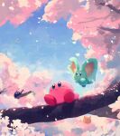  absurdres bandana_waddle_dee branch cherry_blossoms cloud cloudy_sky creature elfilin floating happy highres kirby kirby&#039;s_dream_land kirby_(series) kirby_and_the_forgotten_land looking_to_the_side oomoto_makiko outdoors petals sitting sky smile suyasuyabi tree 
