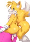  2022 2_tails anthro backsack balls blue_eyes bodily_fluids butt canid canine clothing fox fur genitals gloves gloves_only handwear handwear_only hi_res humanoid_genitalia humanoid_penis john_doe_(artist) looking_back male mammal miles_prower mostly_nude multi_tail penis sega solo sonic_the_hedgehog_(series) sweat yellow_body yellow_fur 