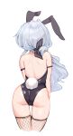 1girl animal_ears armlet ass bare_shoulders cameltoe counter:side cowboy_shot cropped_legs fishnet_legwear fishnets from_behind hair_over_shoulder highleg highleg_leotard highres horizon_(counter:side) leotard long_hair low_ponytail rabbit_ears rabbit_tail shoulder_blades silver_hair simple_background solo tail thigh_gap thighhighs white_background yoopooh 