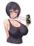  1girl :o bangs bare_shoulders black_hair blue_eyes blush breasts can cleavage collarbone commentary_request energy_drink eyebrows_visible_through_hair grey_nails grey_shirt hair_between_eyes highres holding holding_can kuavera large_breasts looking_at_viewer mole mole_under_mouth monster_energy multicolored_hair open_mouth original see-through see-through_shirt shirt short_hair simple_background sleeveless sleeveless_shirt solo streaked_hair upper_body white_background 