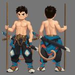  1boy abs absurdres bare_arms bare_pectorals bare_shoulders black_hair black_pants brown_eyes closed_mouth commentary english_commentary fairwind front_to_back full_body grey_background highres holding holding_weapon katana looking_at_viewer male_focus muscular muscular_shota original pants pectorals sheath sheathed short_hair simple_background solo staff sword topless_male weapon 