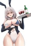  1girl absurdres alcohol animal_ears breasts elbow_gloves fingerless_gloves gloves green_eyes highres hololive large_breasts leotard looking_at_viewer medium_hair mole mole_on_breast playboy_bunny rabbit_ears samart_normal shirogane_noel silver_hair solo swimsuit virtual_youtuber wine 