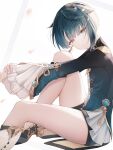  1boy bangs black_shirt black_shorts blue_hair boots closed_mouth earrings eyebrows_visible_through_hair fingernails frilled_sleeves frills from_side genshin_impact half-closed_eyes head_tilt highres hugging_own_legs infinity_(kkx132) jewelry knee_boots knee_up long_sleeves looking_at_viewer looking_to_the_side male_focus romaji_commentary shirt shorts sidelocks single_earring sitting smile solo tassel tassel_earrings vision_(genshin_impact) white_background white_footwear wide_sleeves xingqiu_(genshin_impact) yellow_eyes 