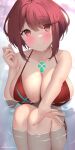  1girl akira_shiun bangs bathtub bikini blush breasts cleavage collarbone commentary_request eyebrows_visible_through_hair hair_between_eyes highres holding holding_shower_head huge_breasts large_breasts looking_at_viewer open_mouth outstretched_arm pyra_(xenoblade) red_eyes red_hair shower_head side-tie_bikini sidelocks sitting solo swimsuit twitter_username wet xenoblade_chronicles_(series) xenoblade_chronicles_2 