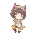  1girl animal_ears apron bangs brown_apron brown_hair character_request chibi dress enonko full_body halloween_costume horse_ears horse_girl horse_tail looking_at_viewer maid maid_apron maid_headdress open_mouth orange_dress purple_eyes short_hair short_sleeves simple_background solo tail umamusume white_background 