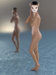  3:4 3d_(artwork) 5_toes ambiguous_gender anthro bent_leg black_hair blurred_background cervid cookie_(earthclan) countershade_face countershading digital_media_(artwork) earthclan3d feet female glistening glistening_body glistening_skin green_eyes hair hand_on_chest hand_on_face head_turned hi_res humanoid_feet mammal navel reflection side_butt solo straight_leg tan_body tan_skin toes 