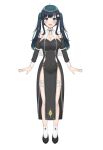  1girl ^_^ absurdres amano_nene_(vtuber) bandaged_arm bandages black_dress black_footwear black_hair blue_eyes blush breasts cleavage closed_eyes detached_sleeves dress eyebrows_visible_through_hair full_body halo high_heels highres juliet_sleeves long_sleeves medium_hair nun official_art open_mouth production_kawaii puffy_sleeves smile solo twintails virtual_youtuber white_background yukiunag1 