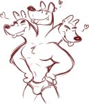  &lt;3 3_heads anthro bottomwear briefs canid cerberus clothing european_mythology flirting goronic greek_mythology hands_on_hips himbo male male/male mammal monochrome multi_head muscular muscular_male mythology navel shorts simple_background smile solo tongue tongue_out underwear white_background 